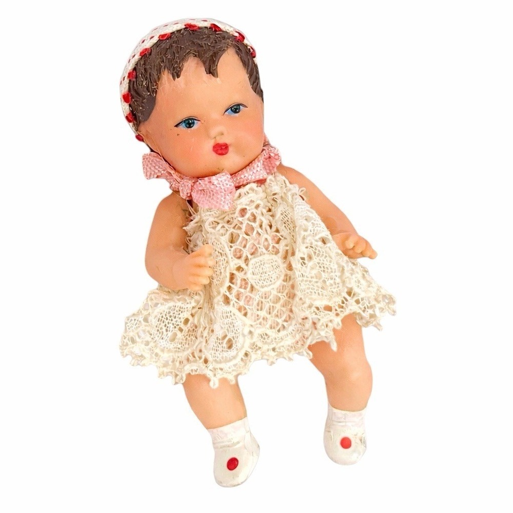 Vintage Rubber Baby Doll Lace Dress Pink Bow Original Tag Made In Germany 2.75"